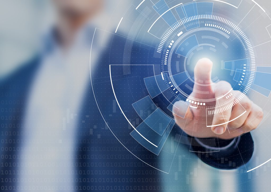 Technology abstract background with person hand touching complex